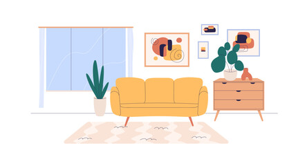 Poster - Living room interior. Sofa, wall arts, framed pictures, cabinet and house plants in apartment design. Couch, window, houseplants in livingroom. Flat vector illustration isolated on white background