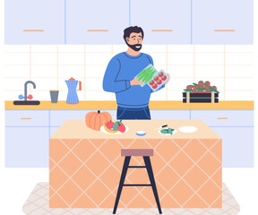 Wall Mural - People cooking vegetarian food. Vector illustration. Fresh vegetables, organic food, natural products. Smiling man cooking homemade meals in small cozy kitchen. Father preparing dinner on big stove