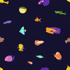 Poster - Sea fishes, seamless pattern, endless background design. Exotic tropical marine print. Underwater aquarium species, repeating texture. Colored flat vector illustration for textile, wrapping, wallpaper
