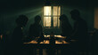 a dimly lit room, with a faint glow emanating from a single candle positioned on a worn-out table. The faces of a family huddled together show visible signs of distress and fatigue