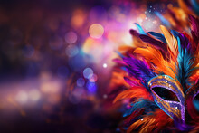 Colourful Masquerade Mask In Bright Colours On The Blurred Festive Background With Bokeh , Party, Rio, Venice And Tenerife Carnival Cocnept