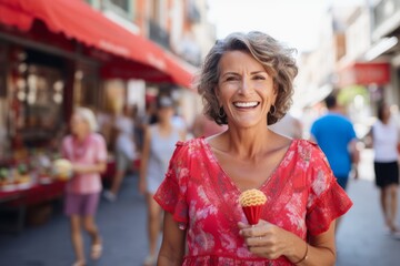 Canvas Print - Portrait of happy mature woman holding ice cream cone in the street