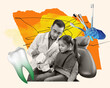 © master1305 - Man, dentist talking to little girl, child and showing tools, tooth to girl. Taking care after mouth. Contemporary art collage. Concept of profession, medicine, occupation, work, creativity, ad