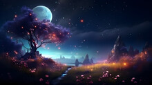 A Beautiful Fairytale Enchanted Field Flowers At Night With A Big Moon In The Sky Illuminating Trees And Great Vegetation.