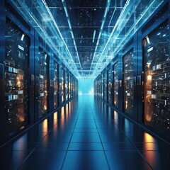 Poster - concept of network and internet communication technologies, data center interior, server racks with 