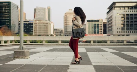 Canvas Print - City, walking and business with woman, fashion and New York with style, professional and startup. Person, employee and girl with trendy clothes, moving and outdoor with corporate, travel and worker