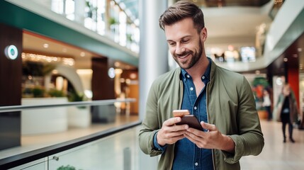 Wall Mural - A Portrait of cheerful man with credit card using mobile phone in shopping mall.