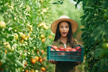 Poster - In straw hat and with vegetables. Little girl is in the garden with tomatoes