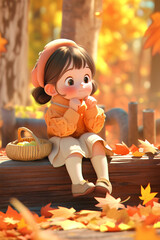 Autumn solar term poster, girl sitting in autumn season forest woods beautiful scenery 3D illustration