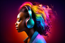 African Woman Wearing Headphones, Enjoying Music Flow, Feeling Emotions In Vibrant Color Vibes, Colorful Dynamic Sound Waves And Abstract Digital Light Effects Covering Her Hair On Black Background