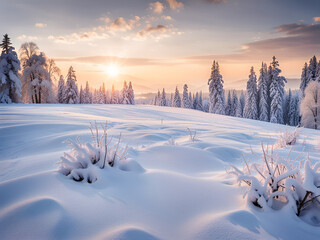 winter sunset landscape with trees and snow.