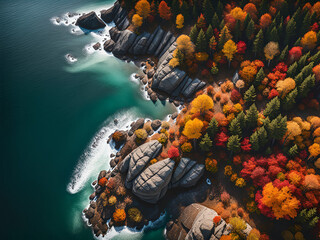 Wall Mural - Top view  of an ocean coast with forset at autumn.