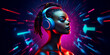 African woman wearing headphones, enjoying music beats, feeling emotions in vibrant color pulse, colorful dynamic sound vibes and abstract digital light effects on black background