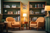 Fototapeta  - An psychologist's office, with comfortable chairs, soothing colors, and bookshelves filled with psychology literature. Generative Ai