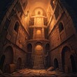 An illustration of a spacious hall of a medieval tower. Inside the stone tower. Cartoon illustration of a castle interior. Game location
