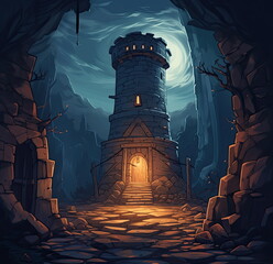 Wall Mural - An illustration of a spooky tower at night. Halloween scene art. Cartoon illustration of a medieval tower. View on the entrance of a tower. Fantasy scene
