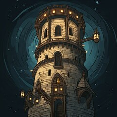 Wall Mural - An illustration of a brick old tower at night. Cartoon tower. Game location. A fantasy game setting