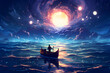 Night view of a man rowing a boat among many glowing moons floating on the sea, digital art style, illustration.