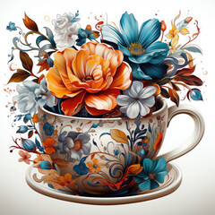 Wall Mural - Watercolor teacup with flowers Illustration, Generative Ai