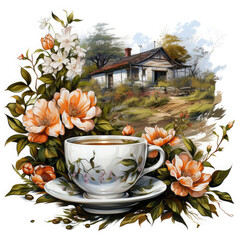 Wall Mural - Watercolor teacup with flowers Illustration, Generative Ai