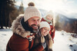 Photo of happy family dad daughter piggyback happy positive smile looking at each other winter outdoor trip