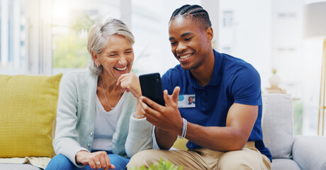 Canvas Print - Phone, medical and a nurse talking to a patient in an assisted living facility for senior people. Healthcare, mobile and contact with a black man medicine professional chatting to a mature woman