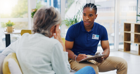 Poster - Retirement, documents and a nurse talking to an old woman patient about healthcare in an assisted living facility. Medical, planning and communication with a black man consulting a senior in her home