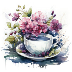 Wall Mural - Watercolor teacup with flowers Illustration, Generative Ai