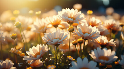 Wall Mural - Flower field in sunlight, spring or summer garden background in closeup macro view or flowers meadow field in morning light