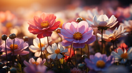 Wall Mural - Flower field in sunlight, spring or summer garden background in closeup macro view or flowers meadow field in morning light