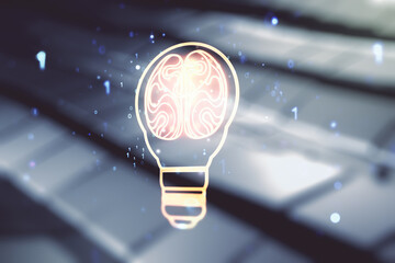 Poster - Abstract virtual creative light bulb with human brain hologram on shiny metal background, artificial Intelligence and neural networks concept. Multiexposure