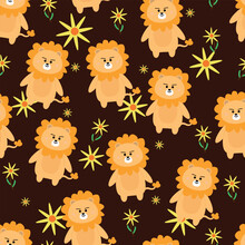 Seamless Pattern Of Yellow Lions And Flowers On A Brown Background For Fabric Prints, Textiles, Gift Wrapping Paper. Colorful Vector For Children, Flat Style