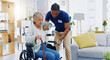 © Wesley JvR/peopleimages.com - Help, home care and a woman with a caregiver and a wheelchair for disability, support and consulting. Happy, talking and a black man or male nurse helping a senior patient into a chair for nursing