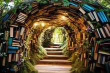 Fairy Tale Tunnel Of Books In The Forest. Halloween Concept, Embark On A Spicy Ramen Adventure With A Steaming Bowl Of Noodles, Vibrant Toppings, And Tantalizing Chili Oil, AI Generated