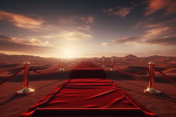 Wall Mural - Red carpet in the desert at sunset. 3d render image, empty Red carpet, AI Generated