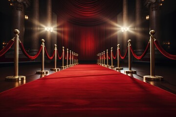 Wall Mural - Red carpet with red carpet and red curtains. 3d rendering, empty Red carpet, AI Generated