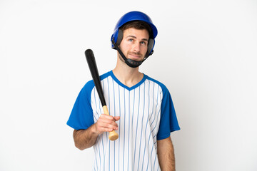 Young caucasian man playing baseball isolated on white background thinking an idea while looking up