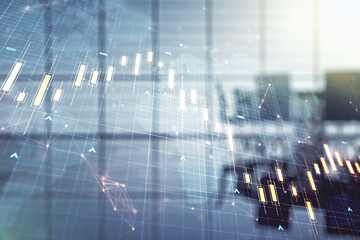 Poster - Multi exposure of virtual abstract financial chart hologram and world map on a modern meeting room background, research and analytics concept