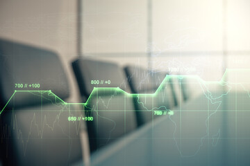 Poster - Multi exposure of stats data illustration on a modern conference room background, computing and analytics concept