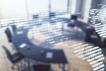 Aufkleber - Digital map of North America hologram on a modern coworking room background, global technology concept. Multiexposure