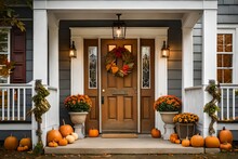 All Autumn Wreath On Brown Front Door And Autumn Decor On Front Door Steps