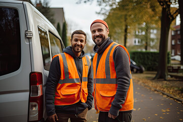 Two young male electricians in uniform and hardhats, working outdoors, smiling, showcasing teamwork and friendship.