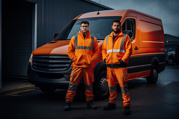 Two young professionals in uniform standing in front of a service van, confident and ready for delivery and removal work.