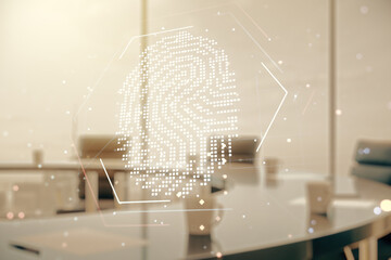 Aufkleber - Multi exposure of virtual graphic fingerprint sketch on a modern furnished classroom background, fingerprint scan data concept
