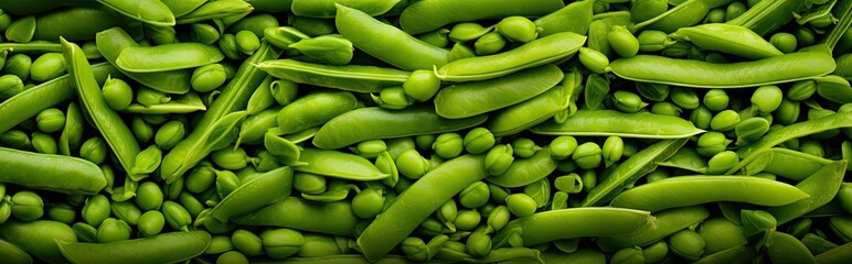 A pile of tender green pea seeds wide, long texture. Top banner style. Generative AI.