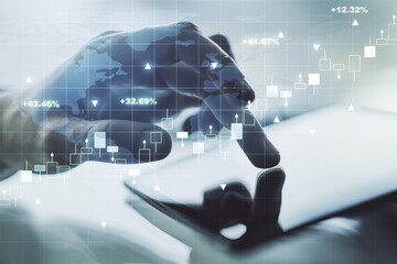 Poster - Multi exposure of abstract creative financial graph with world map and finger presses on a digital tablet on background, forex and investment concept