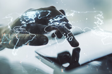 Poster - Double exposure of abstract digital world map and finger clicks on a digital tablet on background, research and strategy concept