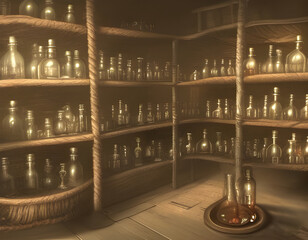 Wall Mural - Alchemist lab. A strange and creepy cabinet of curiosities filled with lots of bottles and glass jars. CG Artwork Background. AI generated digital illustration