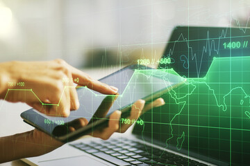 Poster - Double exposure of abstract creative statistics data hologram with finger clicks on a digital tablet on background, analytics and forecasting concept
