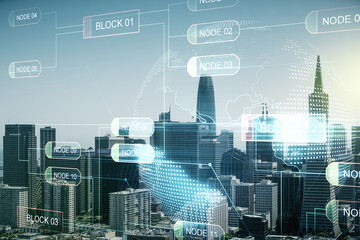 Poster - Double exposure of abstract creative programming illustration and world map on San Francisco office buildings background, big data and blockchain concept